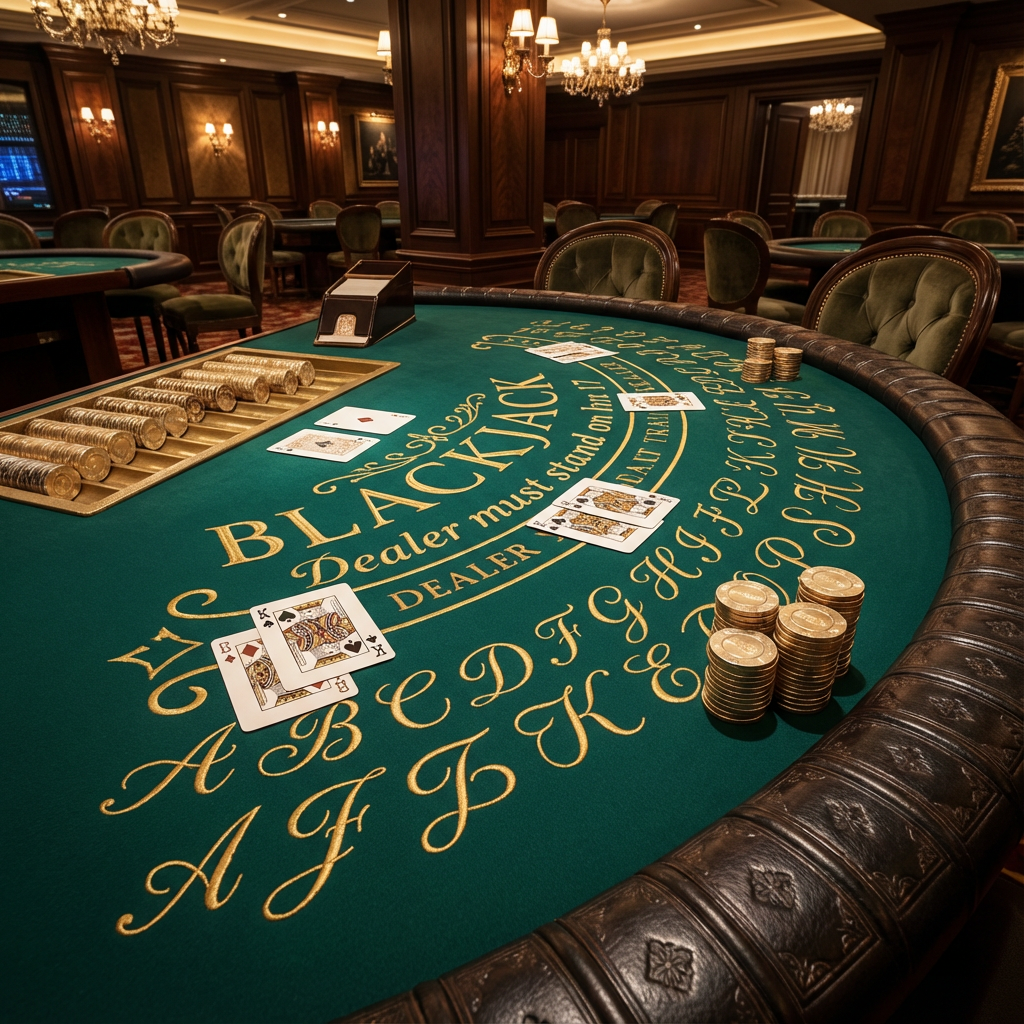 Mesa de blackjack elegante com decoração de biblioteca